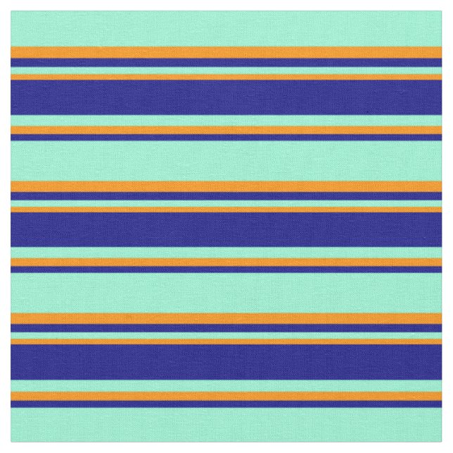Aquamarine, Blue & Dark Orange Coloured Lines Fabric (Close Up)