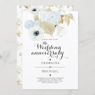 Aquamarine Blue Gold Floral WEDDING ANNIVERSARY Invitation
