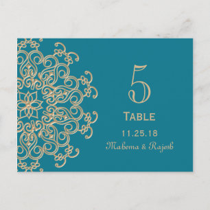 AQUAMARINE BLUE GOLD INDIAN WEDDING TABLE NUMBER POSTCARD