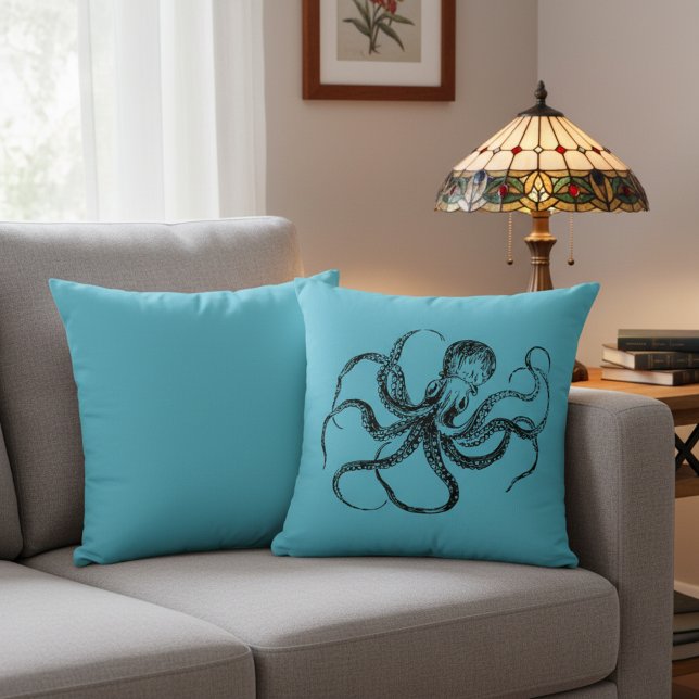 Aquamarine Blue Octopus Throw Pillow (Octopus throw pillow. Add a splash of color and nautical feel to your home.)