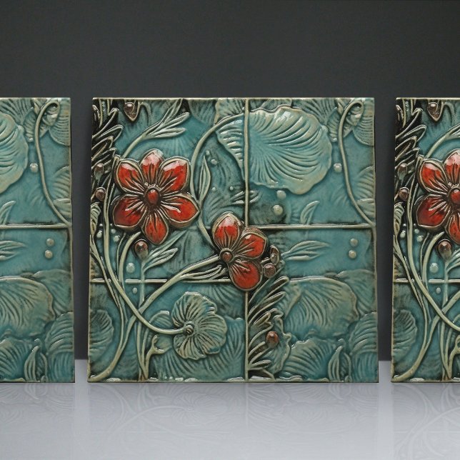 Aquamarine Blue Red Floral Organic Patterns Tile (Creator Uploaded)