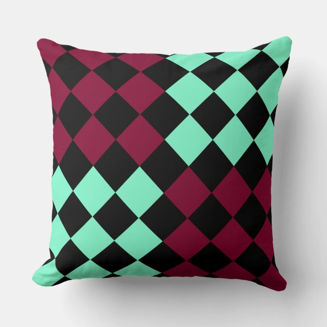 Aquamarine Burgundy Chequered Diamond Pattern Cushion (Front)