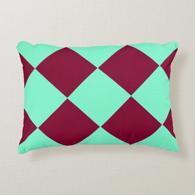 Aquamarine Burgundy Chequered Diamond Pattern Decorative Cushion (Front)