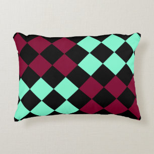 Aquamarine Burgundy Chequered Diamond Pattern Decorative Cushion