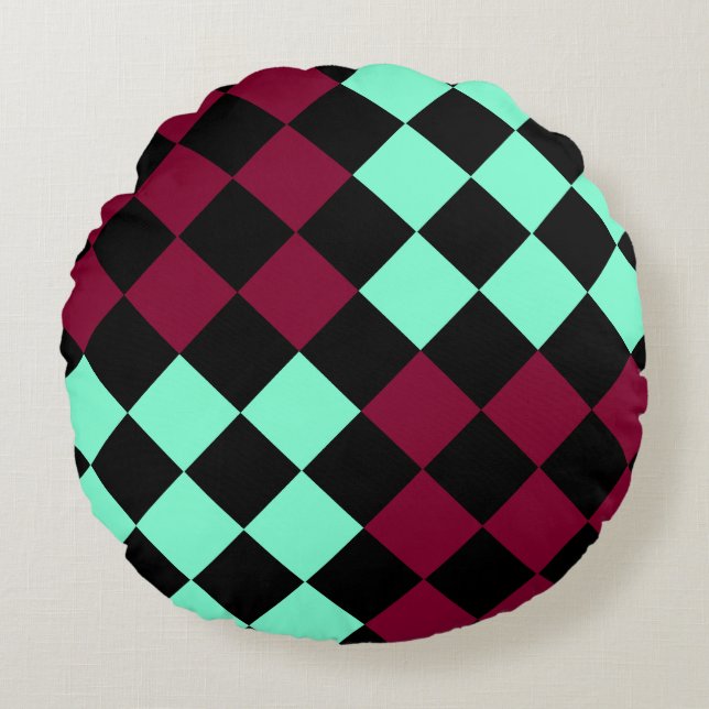 Aquamarine Burgundy Chequered Diamond Pattern Round Cushion (Front)