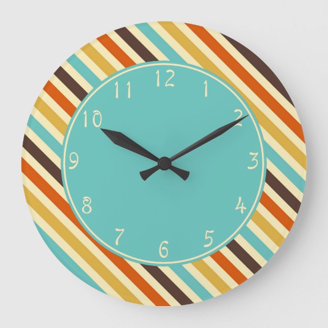 Aquamarine circle Diagonal Stripes Blue Yellow Red Large Clock (Front)