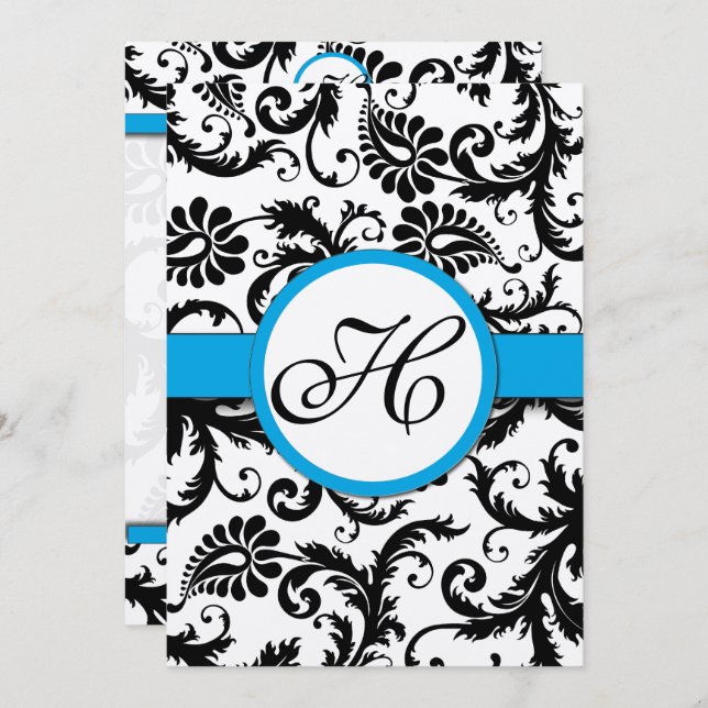 Aquamarine Damask Swirls Wedding Invitation (Front/Back)