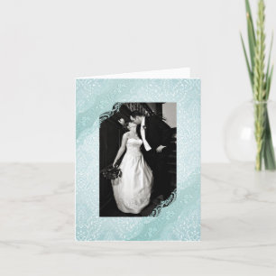 Aquamarine Damask Wedding Photo Thank You Card