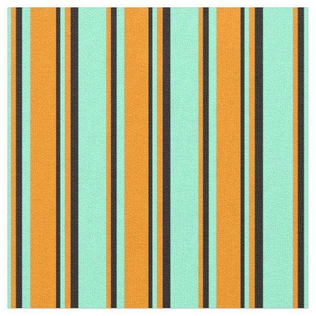 Aquamarine, Dark Orange & Black Coloured Stripes Fabric (Close Up)