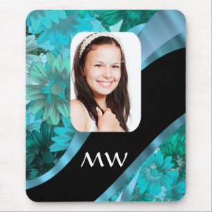 Aquamarine floral personalised photo mouse pad