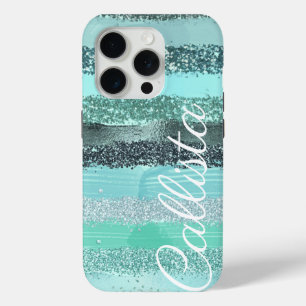 Aquamarine Green Blue Glitter Brushstrokes Stripes iPhone 15 Pro Case
