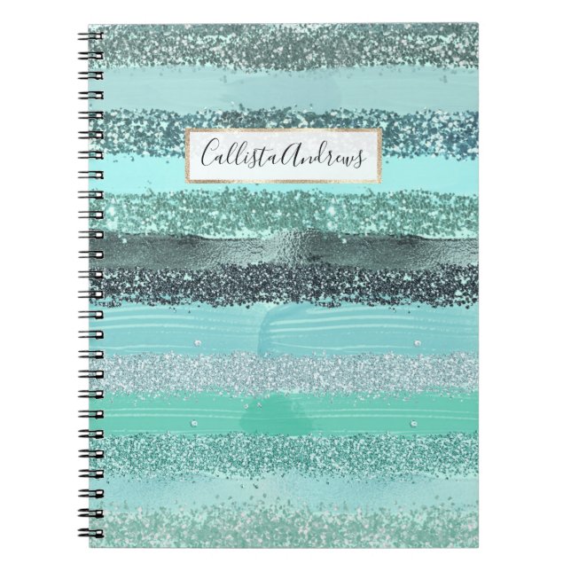 Aquamarine Green Blue Glitter Brushstrokes Stripes Notebook (Front)