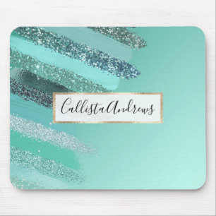 Aquamarine Green Blue Glitter Painted Brushstrokes Mouse Pad