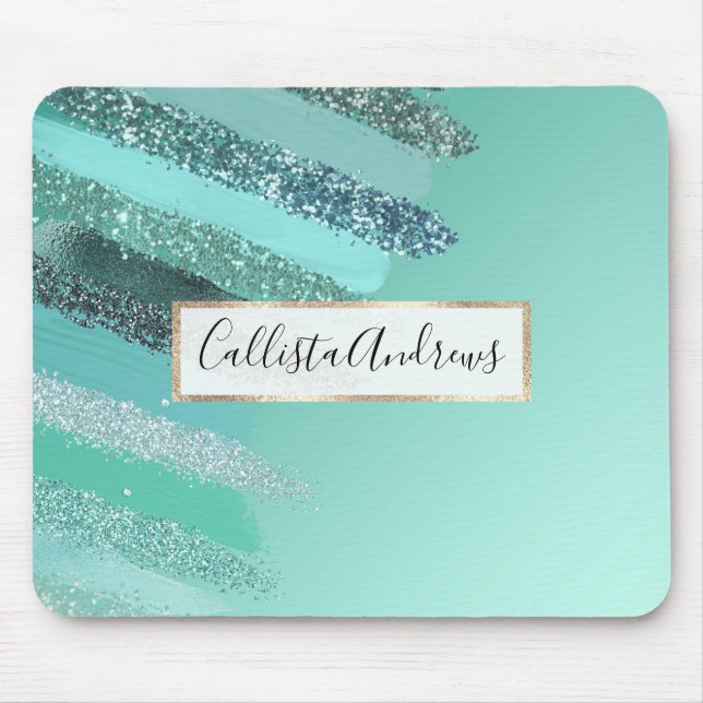 Aquamarine Green Blue Glitter Painted Brushstrokes Mouse Pad (Front)