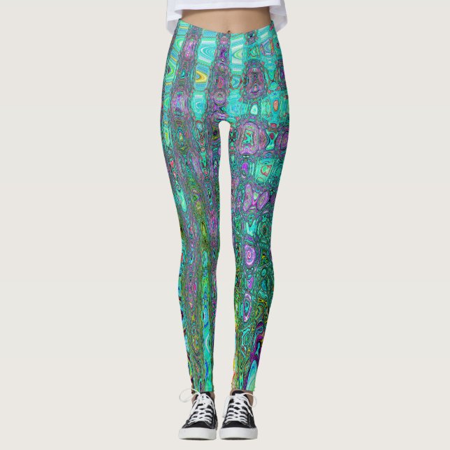Aquamarine Groovy Abstract Retro Atomic Waves Leggings (Front)