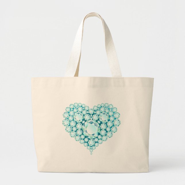 Aquamarine Heart Gems Large Tote Bag (Front)