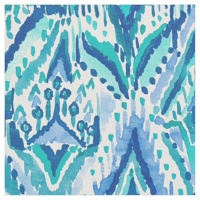 Aquamarine Ikat Fringe Tribal Watercolor Fabric (Close Up)