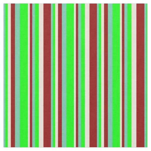 Aquamarine, Lime, Bisque, and Dark Red Stripes Fabric (Close Up)