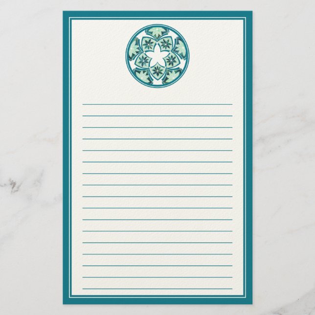 Aquamarine Lined  Floral Tiles Stationery (Front)