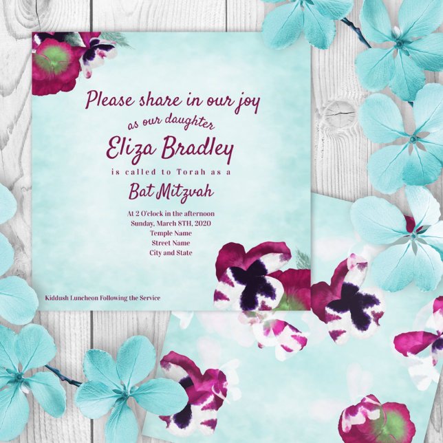Aquamarine, Magenta Pansies Bat Mitzvah Invitation (turquoise, violet purple summer floral bat mitzvah invitation, violet pink script calligraphy)