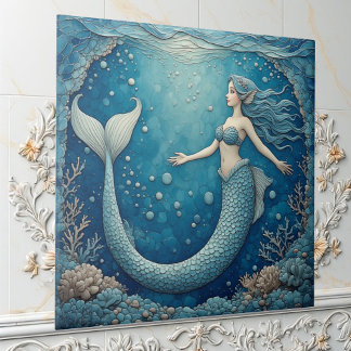 Aquamarine Mermaid Ocean Mosaic Iridescent Alcove Tile