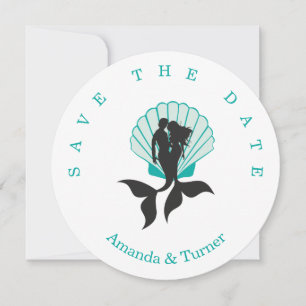 Aquamarine Mermaids Couple on to Seashell Design Save The Date