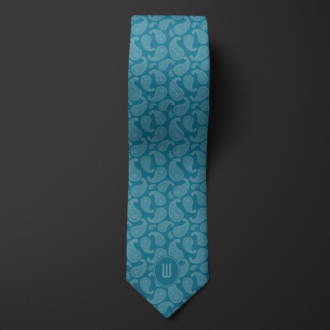 Aquamarine Monochrome Monogram Paisley Tie (Creator Uploaded)