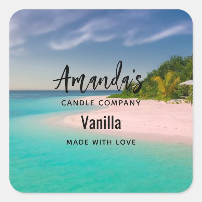 Aquamarine Ocean Tropical Beach Candle Business Square Sticker (Front)