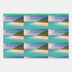 Aquamarine Ocean Tropical Beach Scenic Pattern Wrapping Paper Sheet
