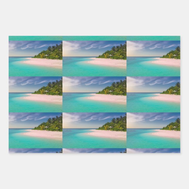 Aquamarine Ocean Tropical Beach Scenic Pattern Wrapping Paper Sheet (Front 3)