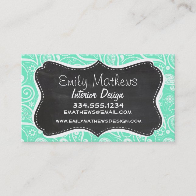 Aquamarine Paisley; Retro Chalkboard Business Card (Front)