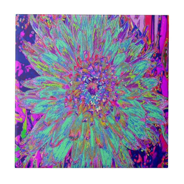 Aquamarine Rainbow Colour Abstract Dahlia Flower Tile (Front)