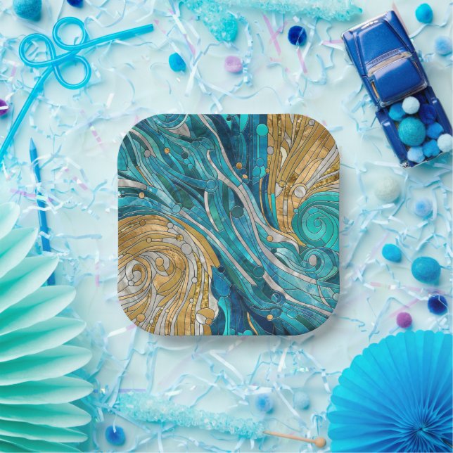 Aquamarine River Abstract Mosaic Art Paper Plate (Party)