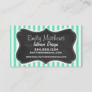 Aquamarine Seafoam Green Stripes; Chalkboard look Business Card