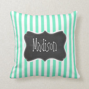 Aquamarine Seafoam Green Stripes; Chalkboard look Cushion