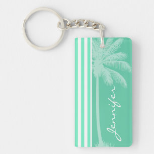Aquamarine Seafoam Green Stripes; Retro Palm Tree Key Ring