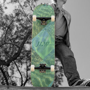 Aquamarine Seafoam Water Patchwork with Initials Skateboard