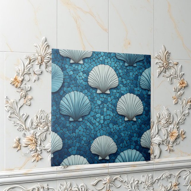 Aquamarine Seashells Mosaic Blue Ocean Marine Life Tile (Aquamarine Seashells Mosaic Blue Ocean Marine Life Ceramic Tile)