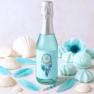 Aquamarine Watercolor Dreamcatcher Baby Shower Sparkling Wine Label
