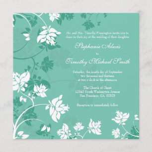 Aquamarine white floral swirls wedding invitation