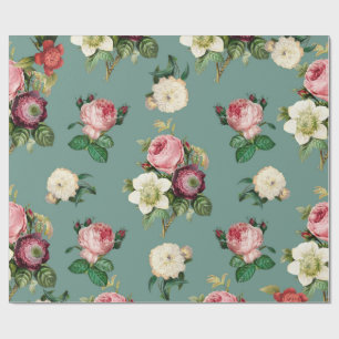 AQUAMARINE, WHITE & PINK ROSES WRAPPING PAPER