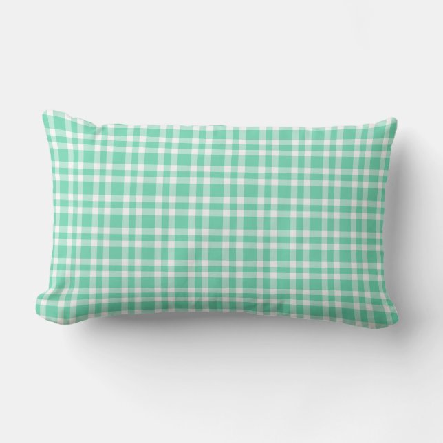 Aquamarine White Plaid Pattern Lumbar Cushion (Front)