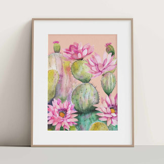 Aquarell Cactus with pink flowers poster