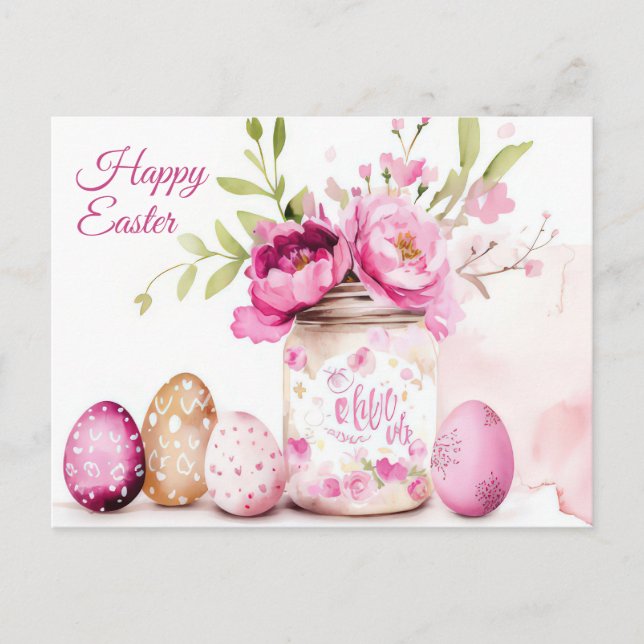 Aquarell Easter postcard with Easter eggs and flow (Front)