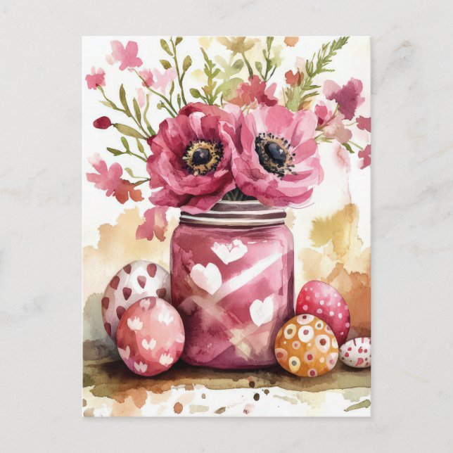 Aquarell Easter postcard with Easter eggs and flow (Front)