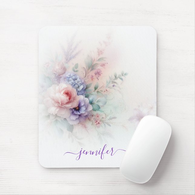 Aquarell Floral Pastel Colours Script Name Vertica Mouse Pad (With Mouse)
