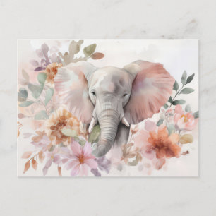 Aquarell Illustration eines Elefanten mit Blumen Postcard