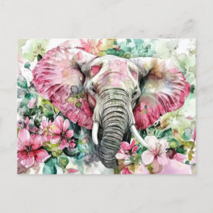 Aquarell Illustration eines Elefanten mit Blumen Postcard