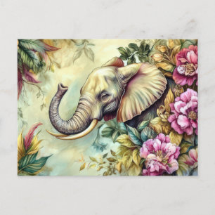 Aquarell Illustration eines Elefanten mit Blumen Postcard