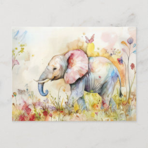 Aquarell Illustration eines Elefanten mit Blumen Postcard